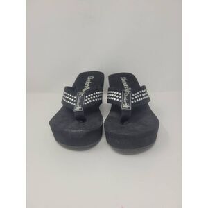 Skechers Womens Sz 6 Wedge Sandals Black Rhinestone Bling Slip On Flip Flop